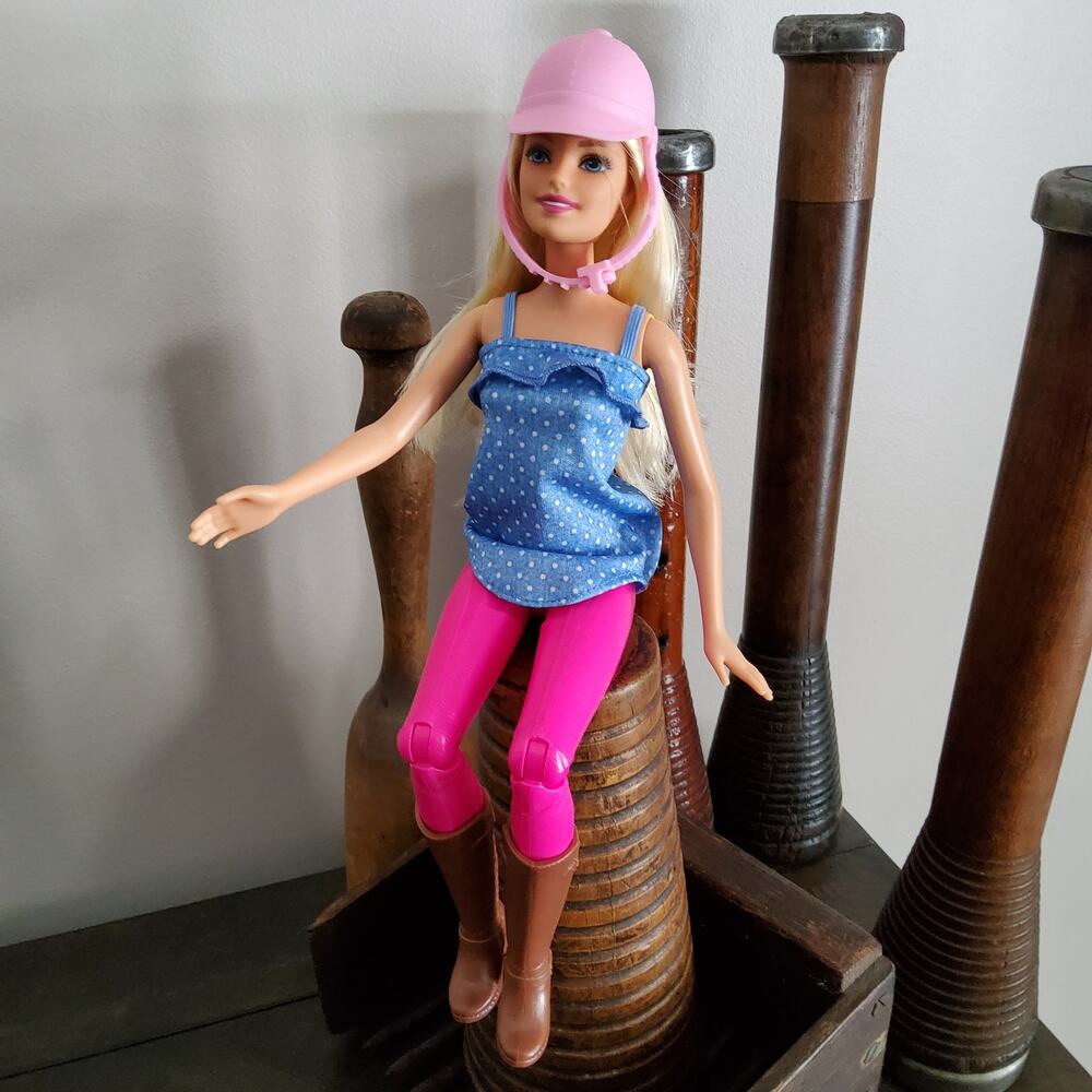 Mattel Barbie Doll Blonde Fashion Doll Riding Outfit with Brown Boots Pink Hat